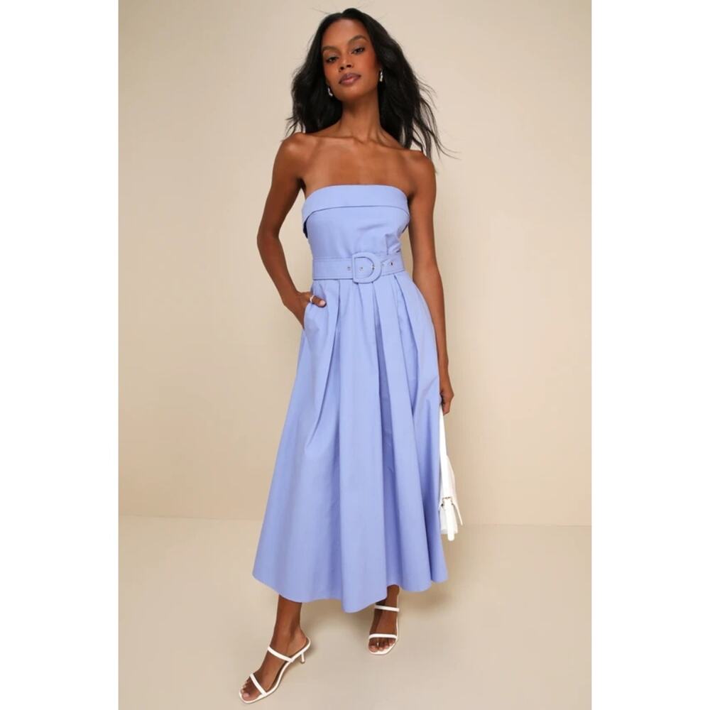 Lulus Trendsetting Choice Periwinkle Strapless Midi Dress Pockets Holiday Medium